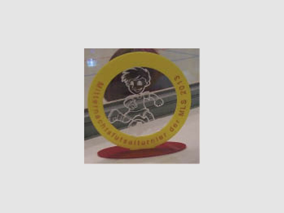 Gelbes und rotes Schild mit einem Bild eines Kindes in der Mitte.