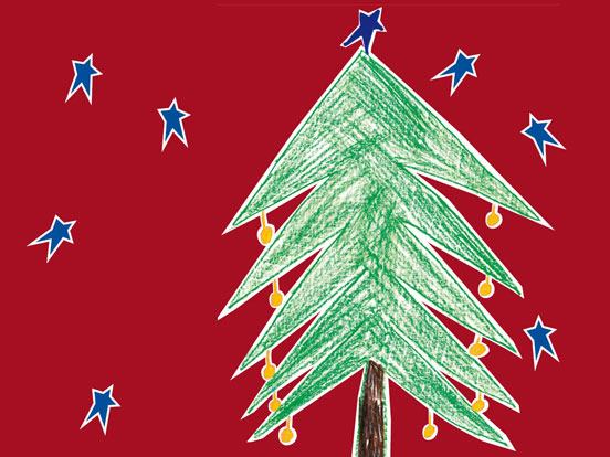 Eine Zeichnung eines Weihnachtsbaums, geschmückt mit funkelnden Sternen.