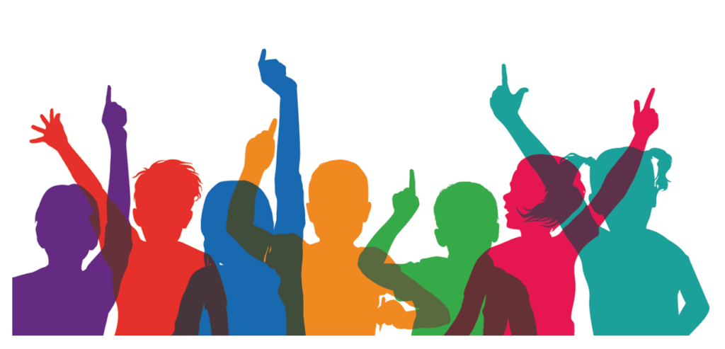 Bunte Silhouetten von Kindern mit erhobenen Händen. Kinderrechte, Bildung, Zukunft, Vielfalt, Integration, Kindergruppe.