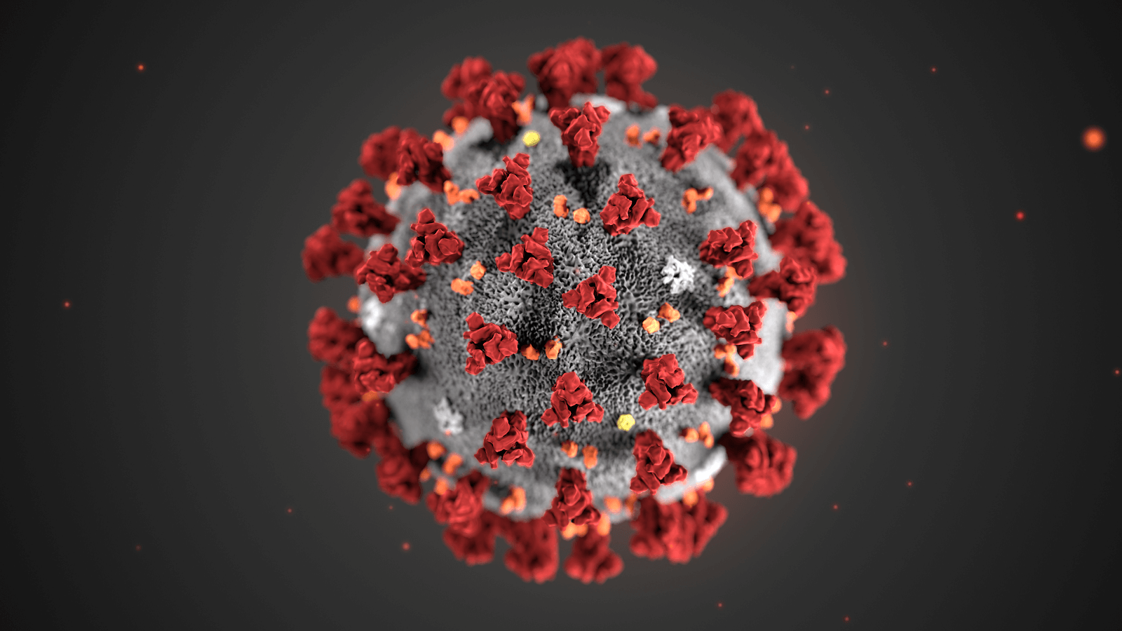 Ein digital gerendertes Bild eines Coronavirus zeigt ein kugelförmiges graues Viruspartikel mit roten Spike-Proteinen und kleinen gelben und weißen Punkten auf seiner Oberfläche vor einem dunklen Hintergrund.