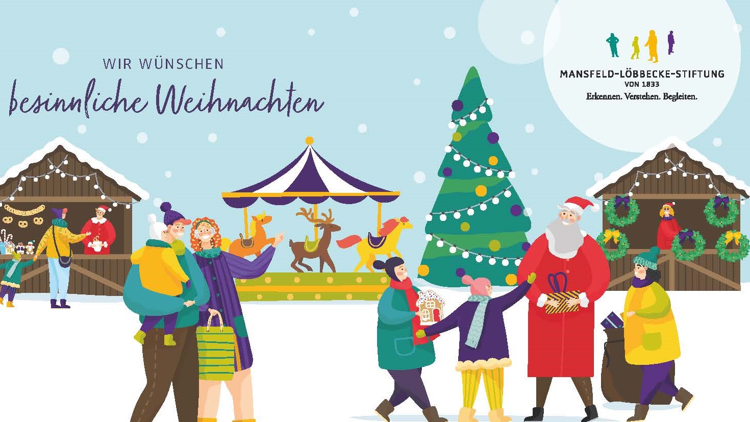 Eine festliche Weihnachtsmarktszene mit Menschen, die einkaufen, einem geschmückten Baum, einem Weihnachtsmann, der Kinder beschenkt, Holzbuden und einem Karussell im Hintergrund. Der deutsche Text lautet Wir wünschen besinnliche Weihnachten.