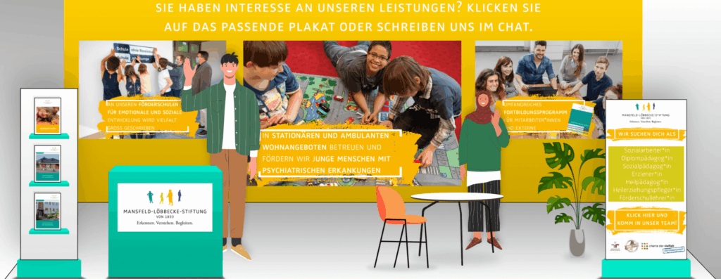 Eine digitale Illustration eines Informationsstandes mit Bannern, Postern und einer Theke, die für psychische Gesundheitsdienste für junge Menschen wirbt. Mehrere abgebildete Personen interagieren mit den Materialien, und eine leuchtend gelbe Kopfzeile lädt zu Fragen über die Angebote ein.