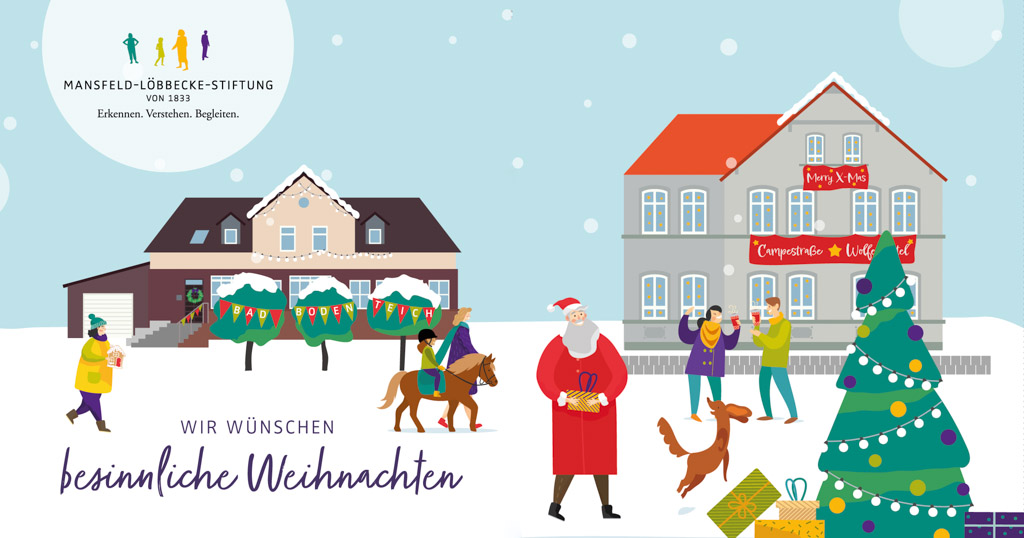 Mansfeld-Löbbecke-Stiftung Weihnachtskarte: Besinnliche Weihnachten in Bad Bodenteich, Wolfenbüttel mit Weihnachtsmann und Weihnachtsbaum.