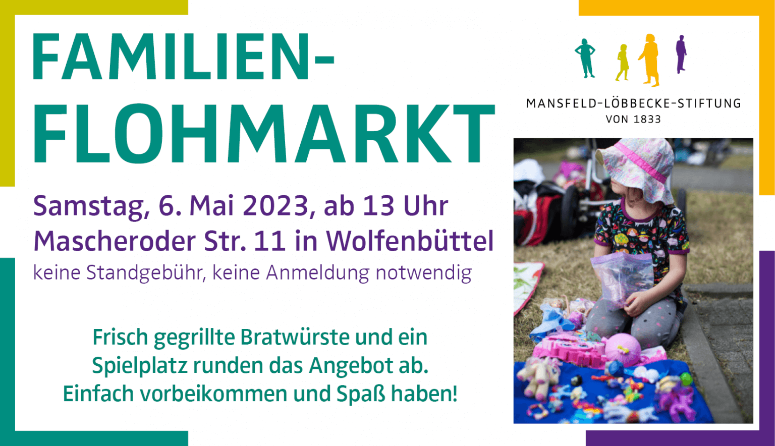 Familienflohmarkt Wolfenbüttel, 6. Mai 2023: Kind verkauft Spielzeug. Bratwurst, Spielplatz. Flohmarkt für Familien.