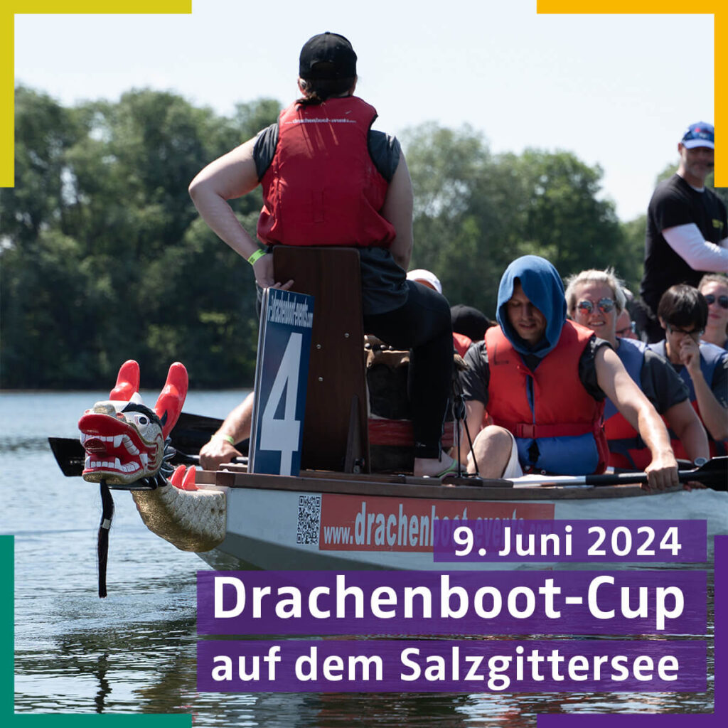 Dracheboot-Cup 2020: Teams paddeln in bunten Drachenbooten auf einem See während des Wettkampfs.