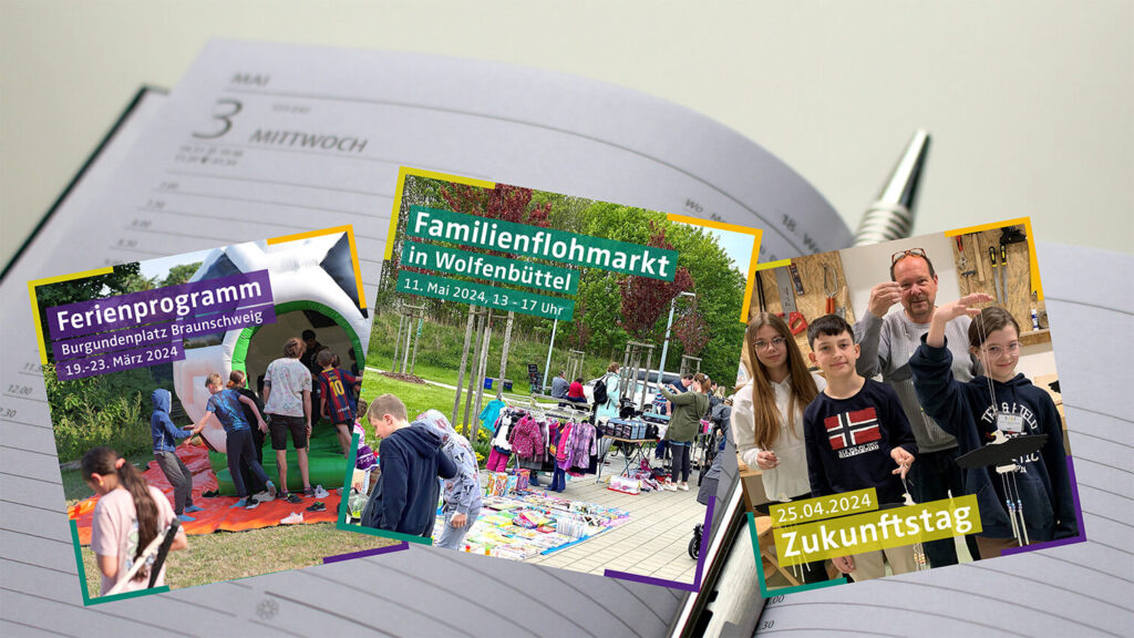 Auf einem Tisch liegen ein Buch, ein Stift und ein Kalender.