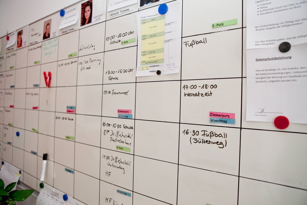 Ein Whiteboard mit bunten Haftnotizen in verschiedenen Farben, organisiert in Gruppen.