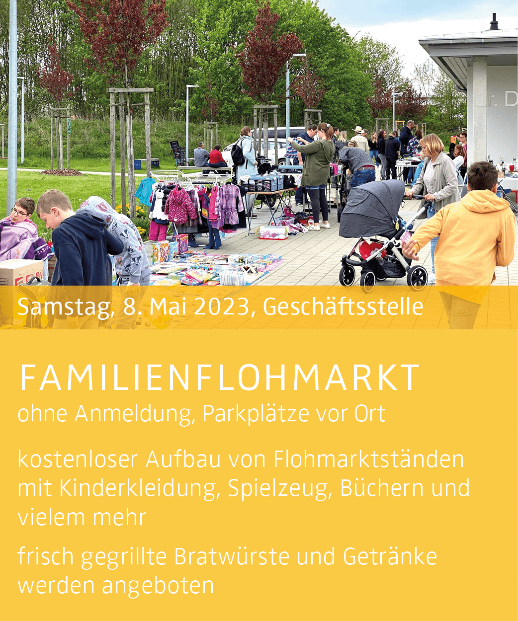 Bunter Flyer für den Familienflohmarkt, der Details zu Ständen, Aktivitäten und dem Veranstaltungsort enthält.