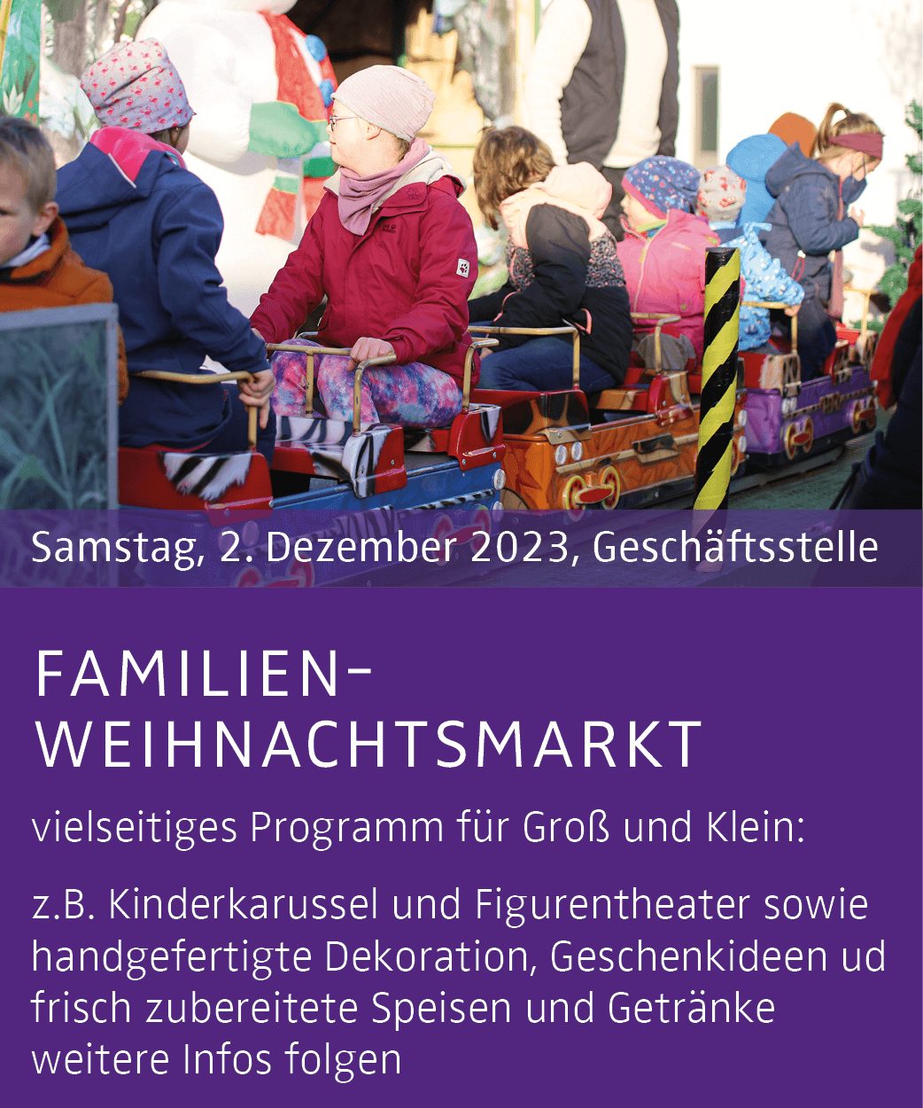 Flyer einer Familienveranstaltung, auf dem Kinder in einem bunten Zug sitzen und lachen.